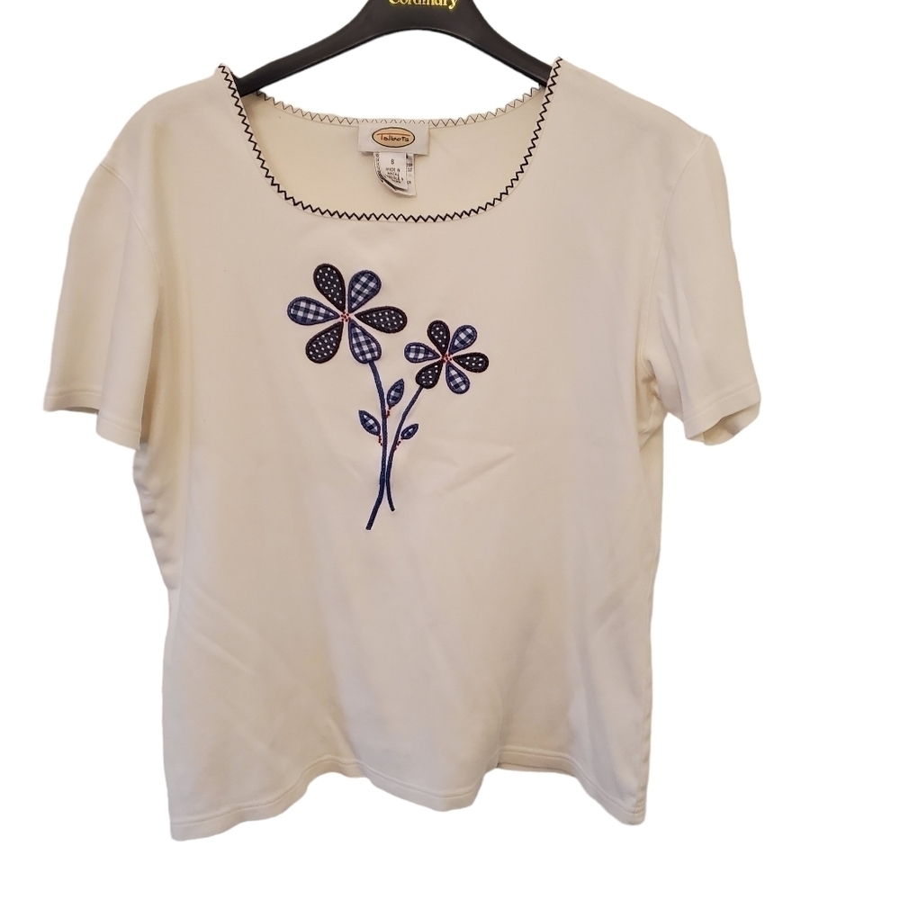 Talbots Small 100% Cotton Patchwork Flower Embroidered Short Sleeve Tee